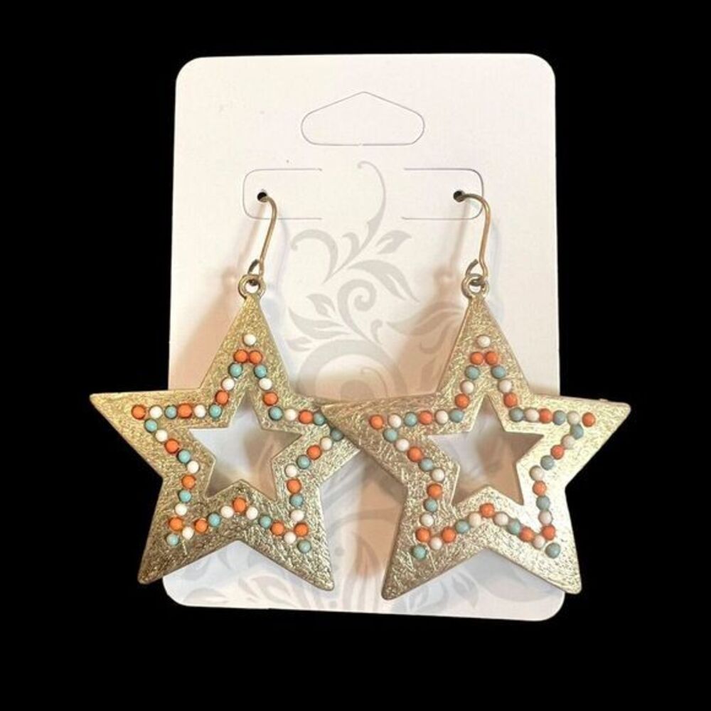 Boho Star‎ Dangle Earrings Gold Tone with Colorful Beads Statement Jewelry